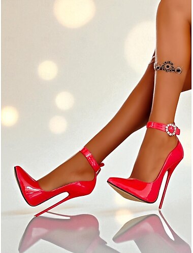  Women's Red Patent Leather Stiletto Heels - Pointed Toe High Heels with Rhinestone Ankle Strap for Nightlife Parties and Clubwear