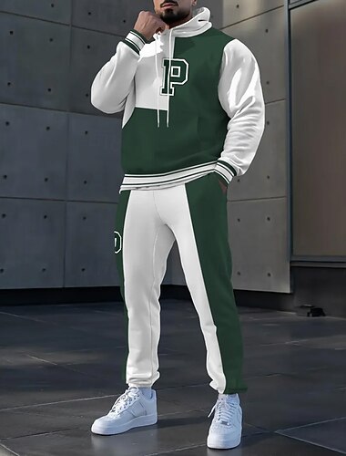 Herren Farbblock Buchstabe 2St 3D Sweatshirt-Sets Trainingsanzug Kapuzensweatshirt Langarm Lange Hosen Mit Kapuze Sportlich Alltagstauglich Athleisure 3D-Druck Frühling Herbst Winter Grün   Herren Farbblock Buchstabe 2St 3D Sweatshirt-Sets Trainingsanzug Kapuzensweatshirt Langarm Lange Hosen Mit Kapuze Sportlich Alltagstauglich Athleisure 3D-Druck Frühling Herbst Winter Grün