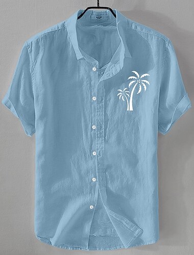  Herren Hemd Leinenhemd Sommerhemd Strandhemd Knopfhemd Kokospalme Urlaub Lässig Schwarz Weiß Hellgrün Rosa Kurzarm Umlegekragen Sommer Bekleidung