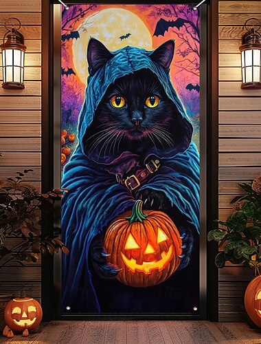  Halloween Κάλυμμα πόρτας Πανό εξωτερικού χώρου Κολοκύθα Γάτα Ψυχεδελικό Σκοτεινό Πανκ Γοτθικό Πάρτι Για Υπαίθρια Χρήση Φόντα λήψης Εξώπορτα Βεράντα τοίχου Διακοσμήσεις τοίχου πόρτα φόντο