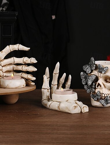  Statuetta in resina di Halloween, stile ins, a forma di teschio, portacandele a forma di mano, decorazione gotica spettrale per casa stregata, giardino, festa, ornamento da tavolo, accessorio decorativo spaventoso per le feste.