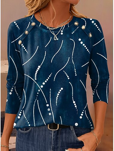  Dames T-shirt Grafisch Geometrisch Vintage Casual Lange mouw Strakke ronde hals Normale tops Dagelijks Knop Afdrukken blauw Paars Bruin Groen Lente Herfst Winter