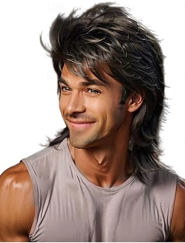  Paruka mullet černá 80. léta pánská paruka punk rocker účes párty denní halloweenské kostýmy dlouhé paruky