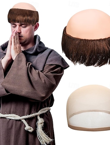  Halloween-parykk for menn, skallet parykk, brun, for voksne, cosplay-kostyme, kort figur, feriefestantrekk, tilbehør
