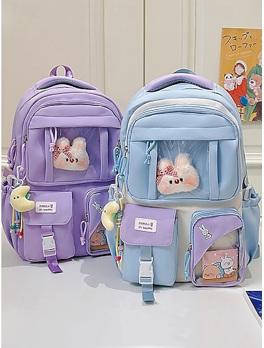  Zaino kawaii con finestra trasparente per ragazze adolescenti - zaino con coniglietto di peluche e multitasche, grazioso zaino per la scuola media o per l'uso quotidiano