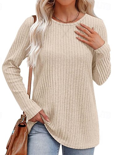  Dame Teksturbluse T skjorte عادي Mote Moderne Langermet Crew-hals Vanlige topper Daglig Svart Lilla Beige Sommer