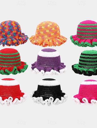  Sombrero de pescador con borde con volantes multicolor tejido a mano, acrílico, 100 % ligero, elástico, cálido, de moda invernal para adultos.
