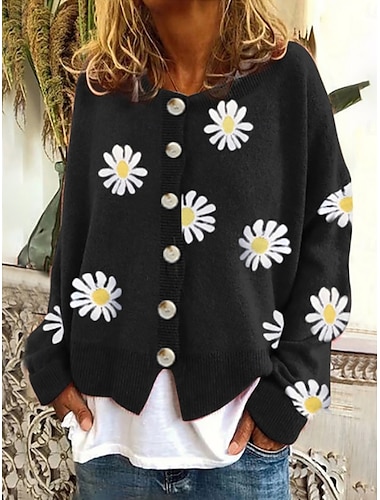  Dame Bluse Cardigan Elegant Mode Gade Daisy Rund hals Lomme Strikket Trykt mønster Langærmet Almindelige toppe Strikke udendørs Daglig Weekend Sort Blå Efterår Vinter
