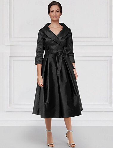  Abito A-line a colletto portret madre della sposa in taffetà elasticizzato elegante semplice minimalista scollatura a V lunghezza tè lunghezza midi maniche a 3/4 con fiocchi e pieghe