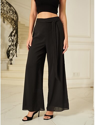  Femmes Culottes Jambe Large Pantalons Élégant Longueur complète Taille moyenne Uni Taille Élastique Micro-Élastique Formel Bureau Tenue Quotidienne Noir Été Printemps Automne Coupe Ample