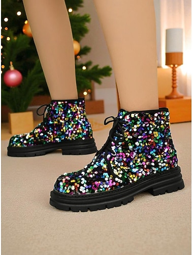  Bottines à lacets et paillettes pour femmes - Chaussures de soirée à paillettes style combat pour la vie nocturne, les clubs et les événements de vacances