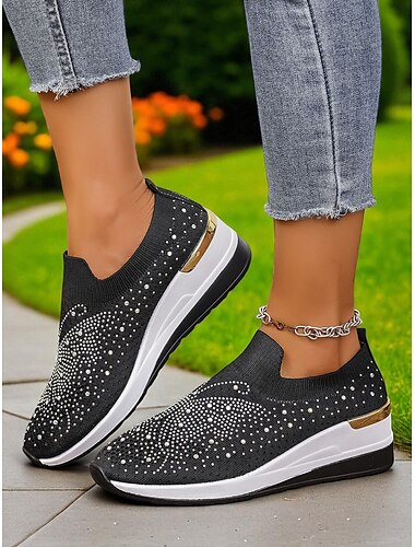  Flyknit slip-on sneakers met strass steentjes voor dames – sprankelende wiggen voor festivals, reizen en dagelijkse mode