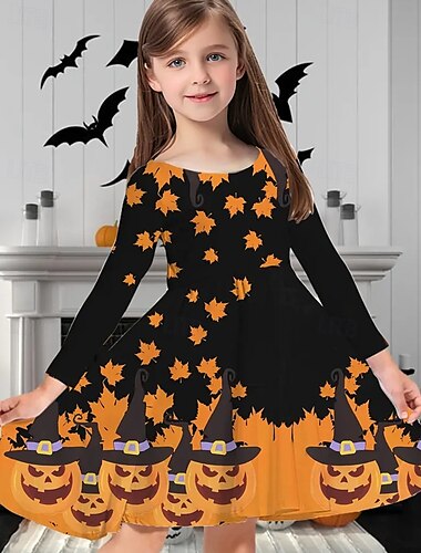  Halloween Pigers 3D Halloween-græskar Kjole Langærmet Sommer Forår Ferierejse Daglig Ferie Prinsesse Smuk Sød Børn 4-12 år Hverdagskjole A Linje Kjole Knælang Regulær