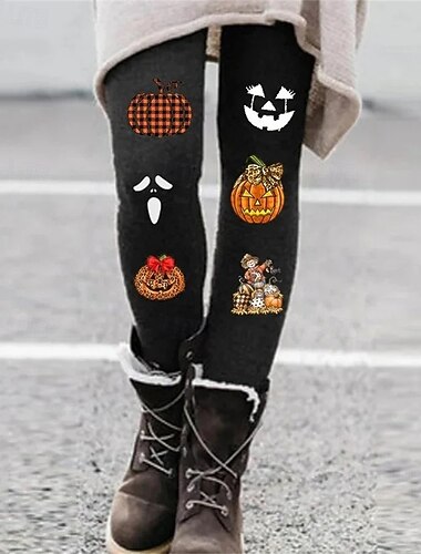  女性用 パンツ レギンス ストリートファッション カジュアル 全長 ハイウエストPantsHalloween カボチャ 弾性ウエスト プリント 通気性 快適 伸縮性あり バケーション ストリート デイリーウェア ブラック 春 秋 レギュラー