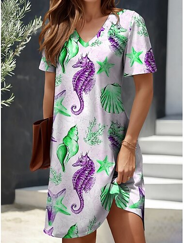 Damskie Sukienka mini Codzienne sukienki Sukienka t-shirtowa Sukienka A line Letnie sukienki Urlop Codzienny Święto Regularny Graficzny Zwierzę Krótki rękaw Półgolf Żółty Czerwony Niebieski Fioletowy