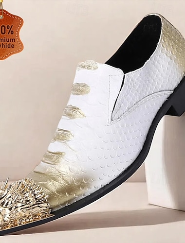  Mocassini da uomo in vera pelle di vacchetta bianca e oro con punta in metallo borchiato, scarpe eleganti in stile punk moderno per feste notturne e spettacoli sul palco