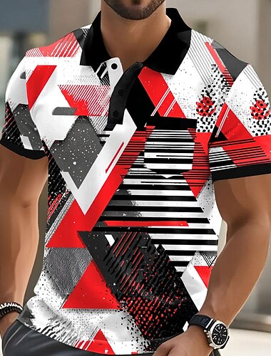  Voor heren Geometrisch Polo Korte mouw Poloshirt Overhemden met kraag Casual Buiten Sportkleding Alledaagse kleding Zak 3D-afdrukken Knop Zomer Rood blauw Oranje
