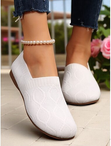  Women's White Slip-On Comfort Sneakers – Breathable Flyknit Wide Toe Flats for Walking, Travel, Gardening & Daily Errands
