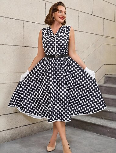  Années 1950 Rétro Vintage Midi Robe trapèze Robe Évasée Grande taille Avec ceinture Pois Ajusté & Évasé Balançoire Déguisement Femmes Vacances Retour à la maison Soirée & Fête Adulte Robe Ceinture