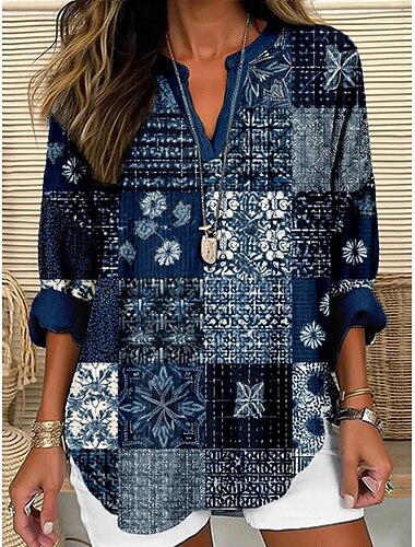  Per donna Camicia Floreale Blocco di colori Vintage Quotidiano Casual Manica Lunga Scollo a V Top Regolari Quotidiano Ferie Bottoni Stampato Blu marino Primavera Autunno