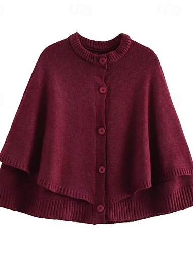  Femmes Cape Mode Occasionnel Doux Couleur Unie Côtelé Col ras du cou Boutons Tricoté manche longue Hauts Réguliers Tricoter Extérieur Quotidien Week-end Noir Blanche Automne Hiver