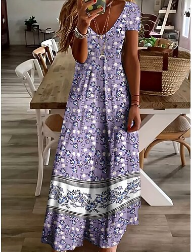  Damen Bodenlänge Freizeitkleid A Linie Kleid Sommerkleid Elegant Urlaub Vintage Normale Passform Blumen Grafik Paisley-Muster Kurzarm U-Ausschnitt Erröten Sie Rosa Hellgrün Violett Leicht Blau Sommer