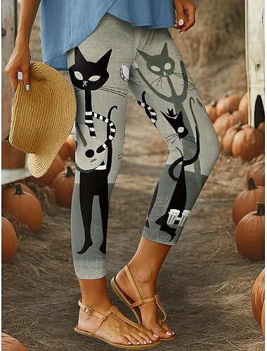  女性用 レギンス 旅行度假风 ヴィンテージ ファッション 足首丈 ハイウエストPantsHalloween グラフィック 動物 幾何学模様 プリント ソフト 高通気性 伸縮性あり アウトドア 日常 グレーグリーン ロビンエッグブルー ルビーレッド 春 秋 冬 スリムフィット