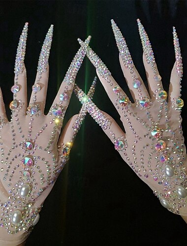  Guanti da donna con strass scintillanti, lunghi, in rete glitterata, trasparenti, lunghi fino al gomito, guanti da opera originali con unghie, color carne, taglia unica