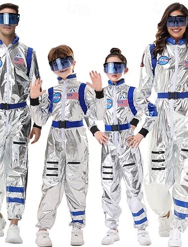  par astronaut kostym jumpsuit karneval kostym onesie med mask grupp kostymer silver rymddräkt för män kvinnor med broderade lappar