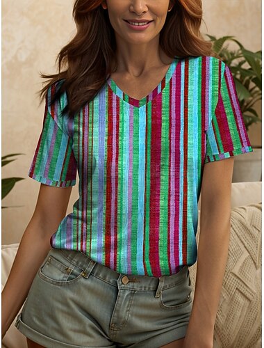  Women's T Shirt Graphic Geometric Striped Vintage Stylish Classic Short Sleeve V Neck Regular Tops Daily Print Yellow Pink Blue Purple Rainbow Summer Spring