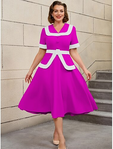  1950s Retro Vintage Midi Flare Dress Plus Size Solid Color Fancy Dress Women's Vacation Homecoming Party & Evening Adults' Dress Spring & Summer
