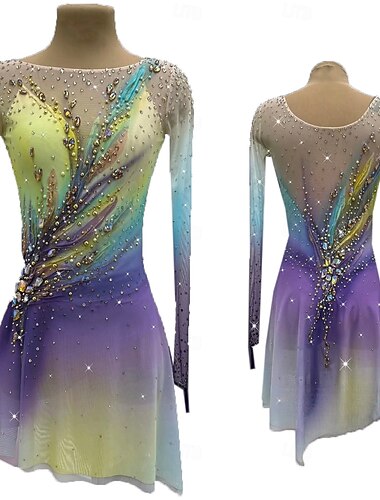  Eiskunstlaufkleid Damen Mädchen Eislaufen Kleid Purpur Daumenloch Halo-Färbung Hohe Elastizität Professionell Wettbewerb Eiskunstlaufkleidung Thermowarm Kristall / Strass Langarm Eislaufen