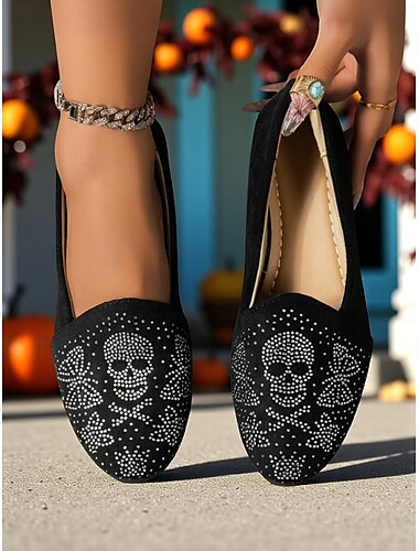  mocassins femininos de camurça preta com caveira – sapatilhas góticas com strass, sapatos confortáveis estilo punk rock para festas de Halloween, shows e passeios casuais