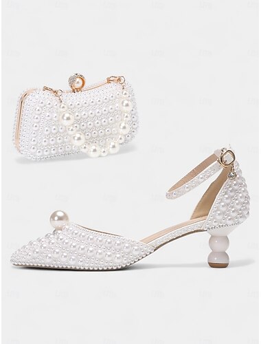  Conjunto de sapato e clutch para casamento feminino com detalhes em pérolas - elegantes saltos finos com tiras no tornozelo e design com miçangas e bolsa de noite combinando, perfeito para casamentos