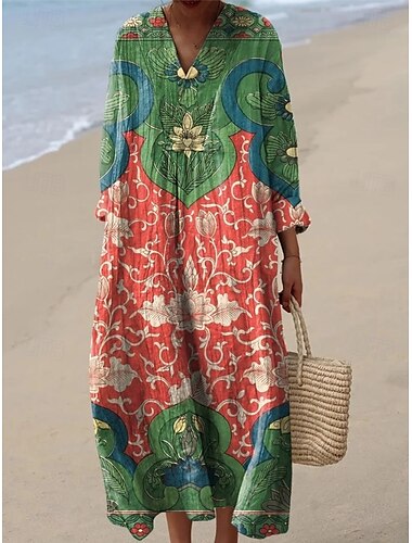 Per donna Abito maxi Vestito Estivo Abito a trapezio Vacanza Casual Uscire Vestibilità comoda Floreale Grafico Paisley Manica Lunga Scollo a V Blu chiaro blu navy Nero Arancione Estate Primavera