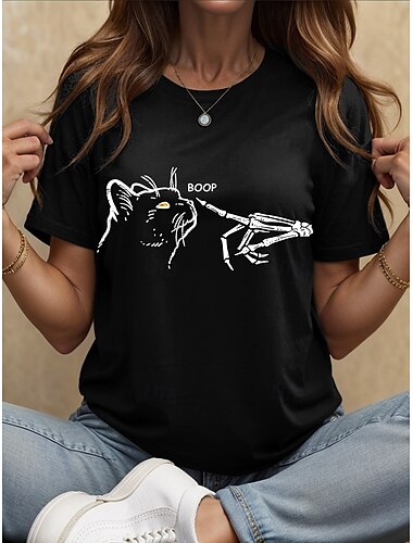  Halloween Mulheres Camiseta Gráfico Caveiras Gato Vintage à moda Clássico Manga Curta Gola Redonda Decote Redondo Tops regulares Diário Final de semana Imprimir Branco / Preto Preto Branco Amarelo