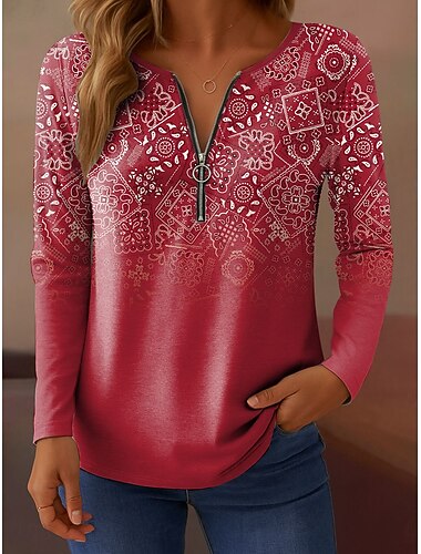  Ženské tričko s čtvrtinovým zipem dlouhým rukávem každodenní ombré grafika paisley elegantní vintage stylové v krku pravidelné topy denní výstup červená modrá fialová zelená khaki jaro podzim