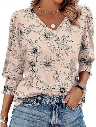  Mujer Blusa Hoja Plaid Tropical Elegante Casual Manga 3/4 Escote en Pico Tops regulares Diario Estampado Blanco Azul Piscina Caqui Verano Primavera