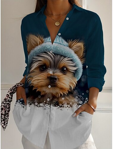  Per donna Camicia Cane Attivo Quotidiano Elegante Manica Lunga Colletto a Camicia Top Regolari Quotidiano Ferie Bottoni Stampato Blu Primavera Autunno