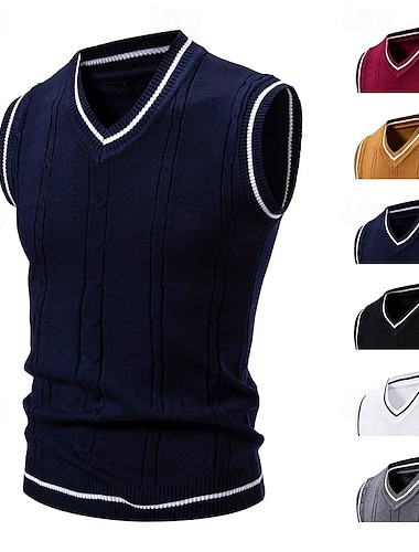  Herren Pullover Pullunder Gerippt Stricken Normale Oberteile V-Ausschnitt Gestrickt Einfach V Ausschnitt Strickware Zeitgenössisch Lässig Alltagskleidung Bekleidung Herbst Schwarz Weiß XL 2XL 3XL