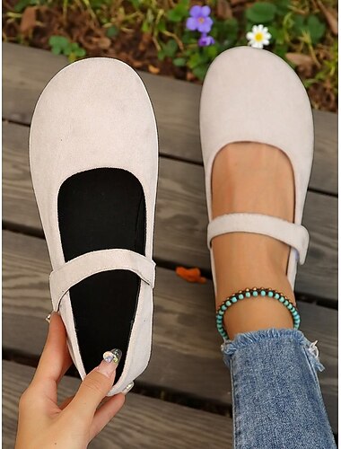  Scarpe basse da donna modello Mary Jane con punta larga beige – comode scarpe in morbida pelle scamosciata sintetica per uscite casual, passeggiate in giardino e uso quotidiano