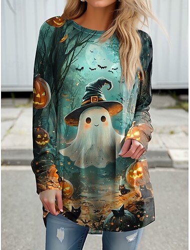  Halloween Mujer Camiseta Graphic Geométrico Vintage Elegante Clásico Manga Larga Cuello Barco Tops regulares Diario Estampado Verde salvia Morado Verde Trébol Primavera Otoño