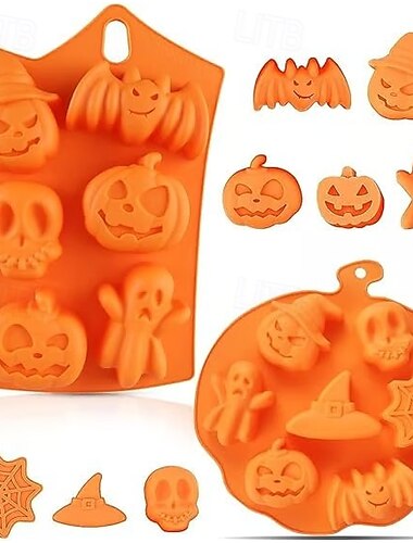  ハロウィンシリコン型2個、ケーキデコレーション用、ゴーストパンプキン墓石コウモリスカルフォンダン型、DIYベーキング、チョコレート、キャンディー、カップケーキトッパー用