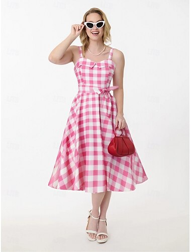  Retró 1950-es Rockabilly Déli Ruhák Swing ruha Flare ruha baba Övvel Spagetti szíj Kockás Tarkán szőtt pamutszövet Női Mindszentek napja Farsang Hétköznapi viselet Zsúr Retro témájú buli Felnőttek