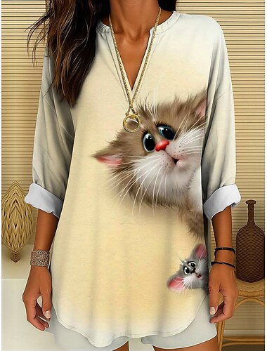 Per donna Top estivi Grafico Animale Gatto Vintage Tropicale Hawaiano Manica Lunga Scollo a V Top Regolari Quotidiano Ferie Abbigliamento mare Stampato Giallo Rosso Arancione Albicocca Estate