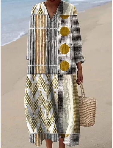  Damen Maxikleid Sommerkleid A Linie Kleid Urlaub Lässig Boho Ausgehen Strand Grafik Geometrisch Gestreift Langarm V Ausschnitt Schwarz Gelb Hellgrün Rote Sommer Frühling Herbst