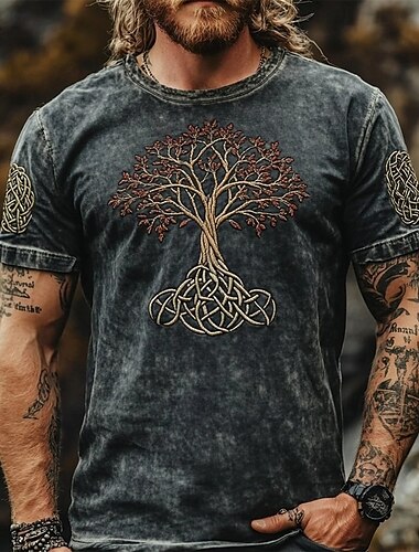  男性用 Tシャツ 半袖シャツ ティートップ 半袖 クルーネック 夏 木 トライバル ヴィンテージ デザイナー ベーシック プリント バケーション ストリート お出かけ ブラック ブルー グリーン メンズトップTシャツ