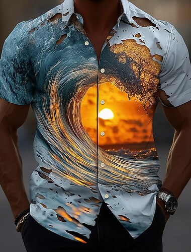  Men's Optical Illusion Ocean Sunset Shirt Summer Shirt Button Up Shirt Short Sleeve Hawaiian Holiday Streetwear Summer Spring Turndown 3D Print Collared Shirts Blue 1# Blue