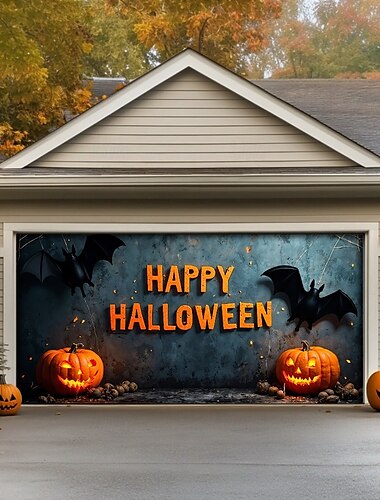  Cubierta de puerta de garaje exterior de Halloween pancarta de fantasmas de esqueletos gran tapiz decorativo para el garaje exterior en vacaciones decoraciones de pared del hogar