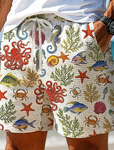  Hombre Pulpo Concha Criaturas del mar Pantalones cortos de gofres Pantalones cortos de sudor Pantalones cortos casuales Media cintura Moda informal Vacaciones Jogging Ejercicio Cintura elástica con